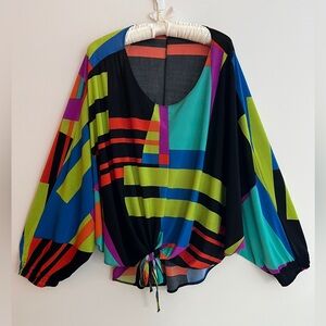 DEX Top Colour Block Batwing High Low Hem Scoop Neck Pullover Front Hem Tie